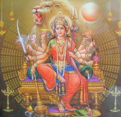 The Hindu Goddess Durga is an incarnation of Devi or the Mother Goddess symbol of divine shakti. Durga Devi is believed to be the supreme reality in the Hinduism 